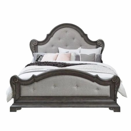 Classic Upholstered Panel Bed Frame with Wood Carvings
