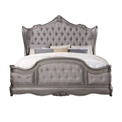 Luxurious Silver Tufted Upholstered Bed Frame with Carvings