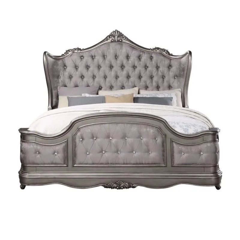 Luxurious Silver Tufted Upholstered Bed Frame with Carvings Luxurious Silver Tufted Upholstered Bed Frame with Carvings