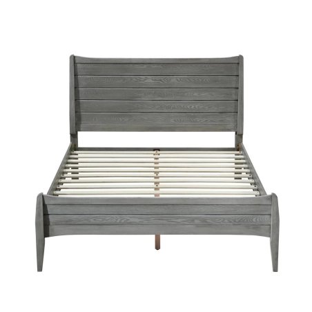 Modern Grey Wooden Bed Frame Queen Size with Slatted Headboard