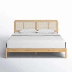 Modern Natural Wood Bed Frame with Rattan Headboard