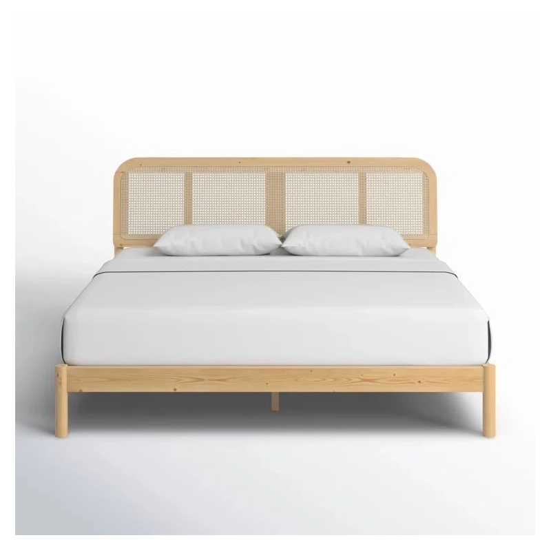 Modern Natural Wood Bed Frame with Rattan Headboard Modern Natural Wood Bed Frame with Rattan Headboard