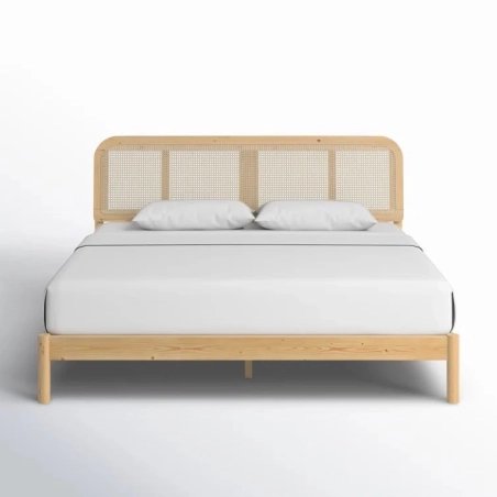 Modern Natural Wood Bed Frame with Rattan Headboard