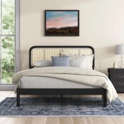 Modern Black Metal Bed Frame with Woven Rattan Headboard Queen Size