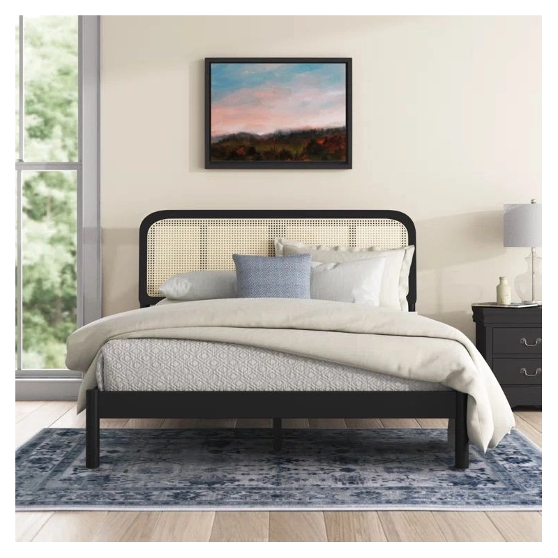 Modern Black Metal Bed Frame with Woven Rattan Headboard Queen Size Modern Black Metal Bed Frame with Woven Rattan Headboard Queen Size