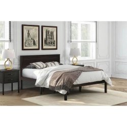 Dark Brown Wood Platform Bed Frame with Headboard