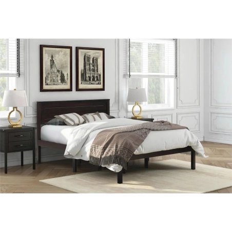 Dark Brown Wood Platform Bed Frame with Headboard