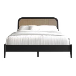 Modern Black Bed Frame with Rattan Headboard