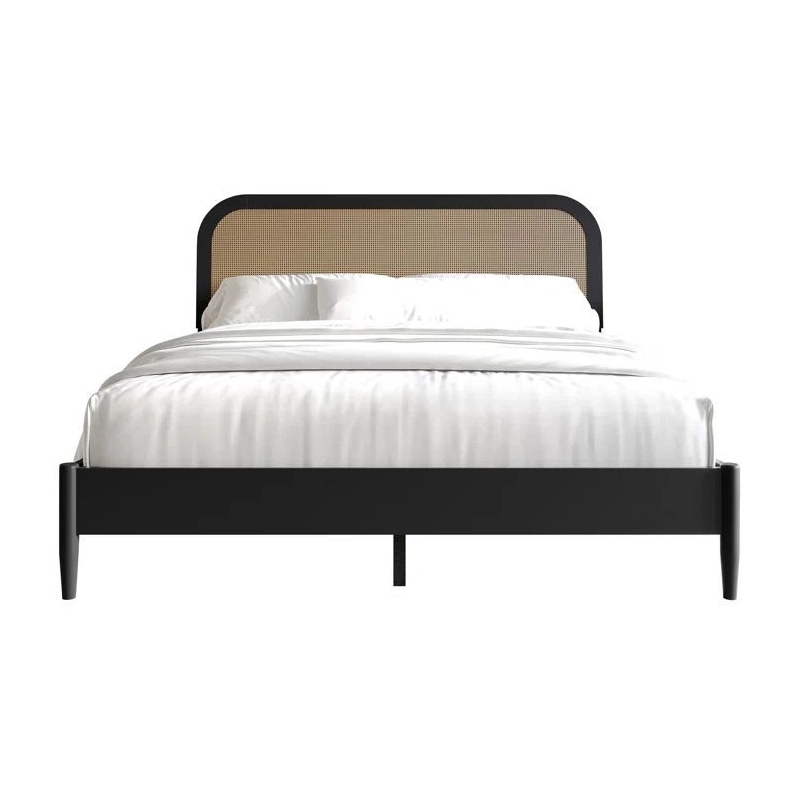 Modern Black Bed Frame with Rattan Headboard Modern Black Bed Frame with Rattan Headboard