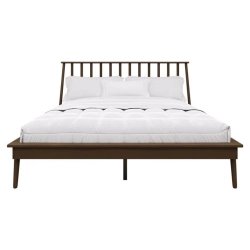 Solid Wood Platform Bed Frame with Slatted Headboard, Mid-Century Modern Style, Dark Walnut Finish