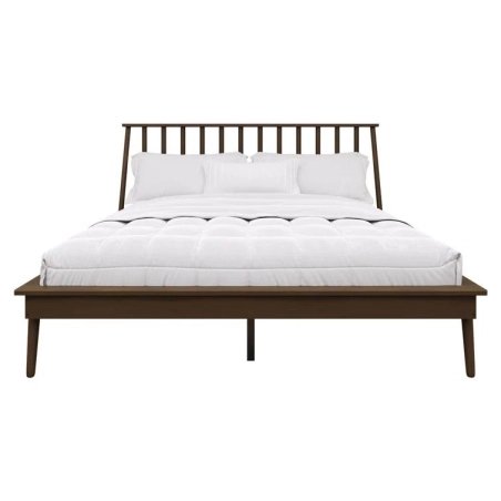 Solid Wood Platform Bed Frame with Slatted Headboard, Mid-Century Modern Style, Dark Walnut Finish