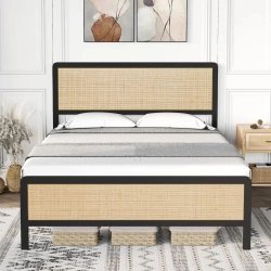 Modern Rattan Panel Bed Frame with Black Finish