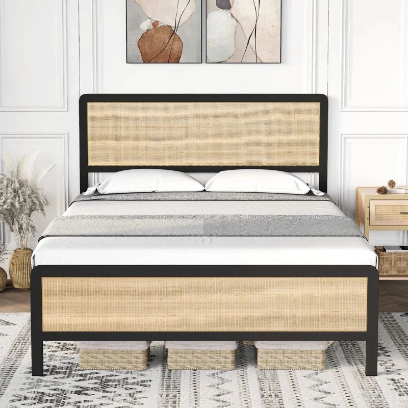 Modern Rattan Panel Bed Frame with Black Finish Modern Rattan Panel Bed Frame with Black Finish