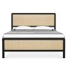 Modern Bohemian Queen Size Bed with Rattan Panels and Black Iron Frame