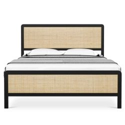 Modern Bohemian Queen Size Bed with Rattan Panels and Black Iron Frame