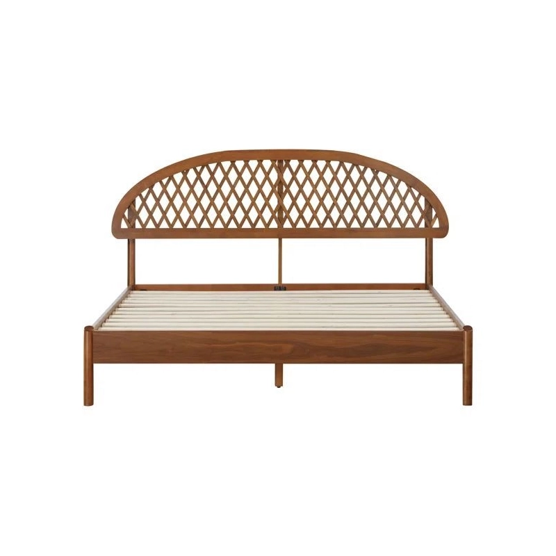 Elegant Brown Wood Bed Frame with Lattice Headboard Queen Size