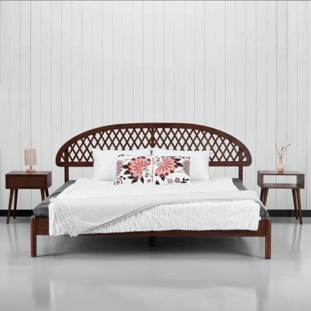 Elegant Solid Wood Bed Frame with Handcrafted Lattice Headboard