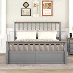 Solid Wood Bed Frame with Storage Drawers - Grey Finish