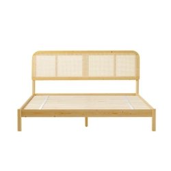 Minimalist Solid Wood Bed Frame with Natural Rattan Headboard