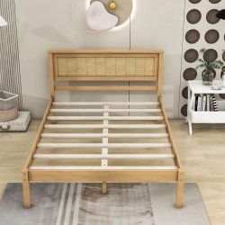 Minimalist Modern Natural Wood Platform Bed Frame with Headboard