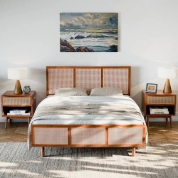 Solid Wood and Rattan Cane Platform Bed Frame with Headboard and Nightstands Set