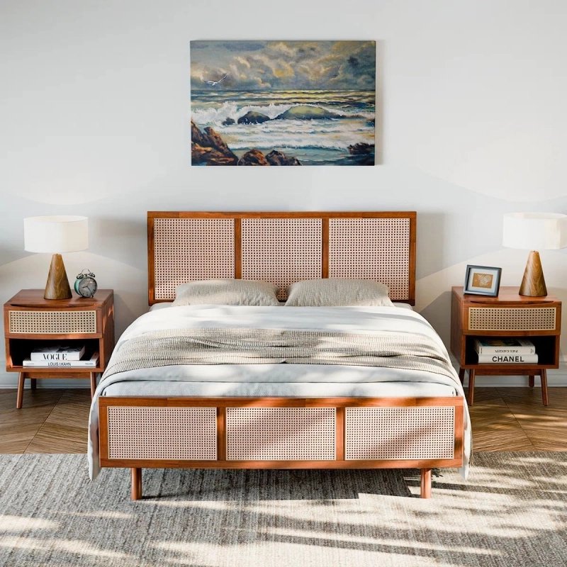 Solid Wood and Rattan Cane Platform Bed Frame with Headboard and Nightstands Set