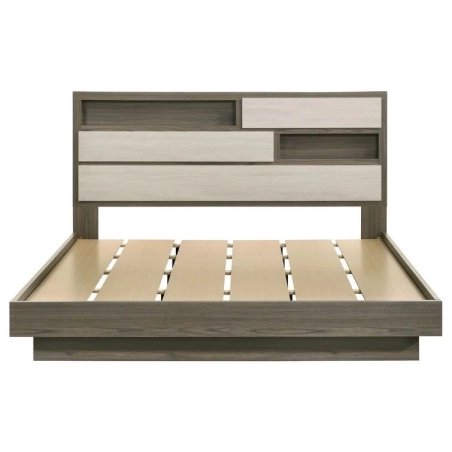 Modern Two-Tone Wood Platform Bed Frame with Integrated Storage Headboard