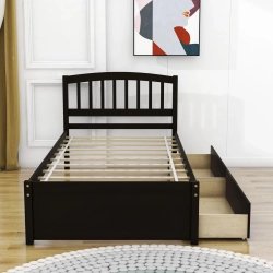 Elegant Dark Brown Wooden Bed Frame with Integrated Storage Drawers