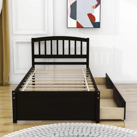 Elegant Dark Brown Wooden Bed Frame with Integrated Storage Drawers