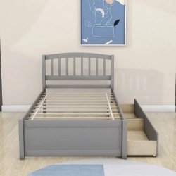Wooden Single Bed Frame with Underbed Drawers Grey