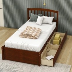 Solid Wood Twin Size Bed Frame with Integrated Storage Drawers