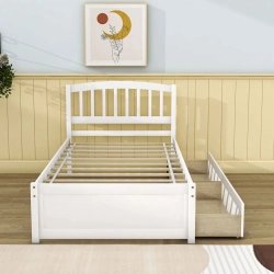 White Solid Wood Bed Frame with Integrated Storage and Steps