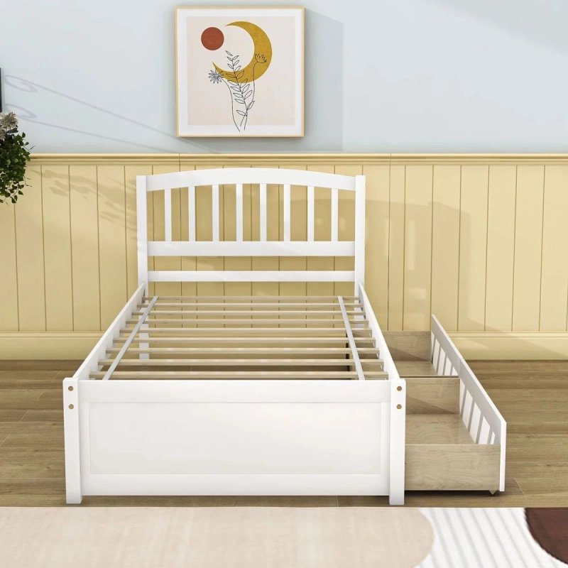 White Solid Wood Bed Frame with Integrated Storage and Steps White Solid Wood Bed Frame with Integrated Storage and Steps