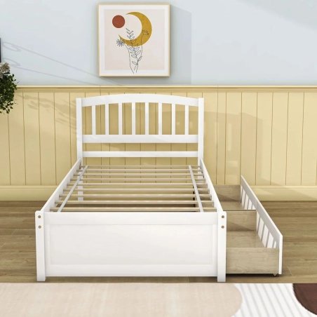 White Solid Wood Bed Frame with Integrated Storage and Steps