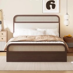 Contemporary Solid Wood Rattan Queen Size Bed Frame