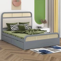 Contemporary Grey Bed Frame with Rattan Headboard and Storage Drawers