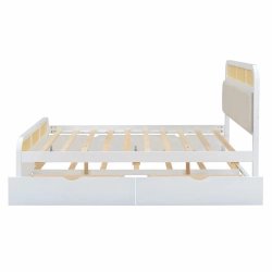 White Daybed Frame with Rattan Accents and Storage Drawers