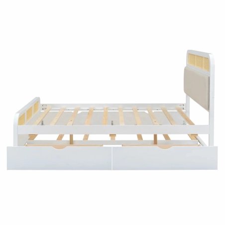 White Daybed Frame with Rattan Accents and Storage Drawers