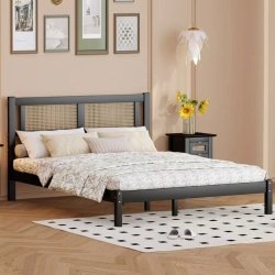 Modern Black Wood Platform Bed Frame with Rattan Headboard, Queen Size