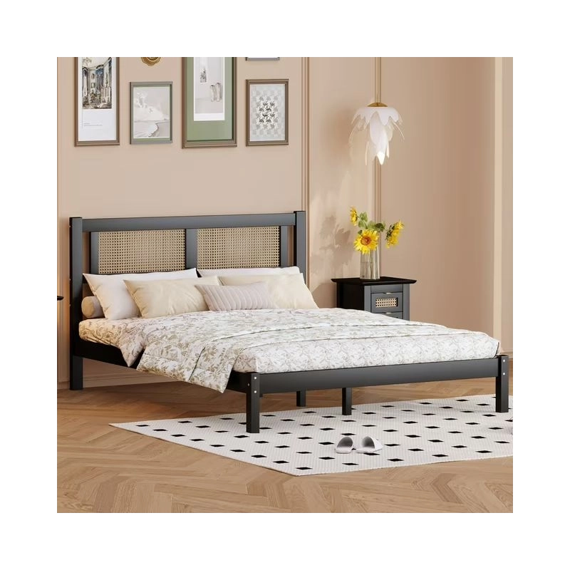 Modern Black Wood Platform Bed Frame with Rattan Headboard, Queen Size Modern Black Wood Platform Bed Frame with Rattan Headboard, Queen Size