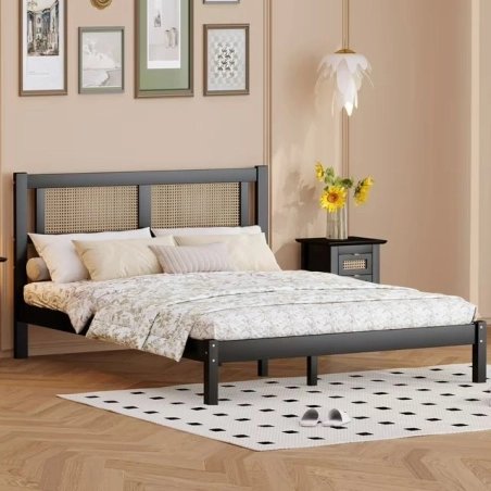 Modern Black Wood Platform Bed Frame with Rattan Headboard, Queen Size