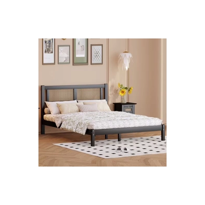 Modern Minimalist Wood Bed Frame with Rattan Headboard Modern Minimalist Wood Bed Frame with Rattan Headboard
