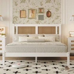 White Wood Bed Frame with Rattan Headboard Minimalist Modern