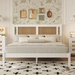 Modern White Wood Bed Frame with Rattan Headboard