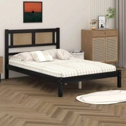 Minimalist Modern Wood Bed Frame with Rattan Headboard