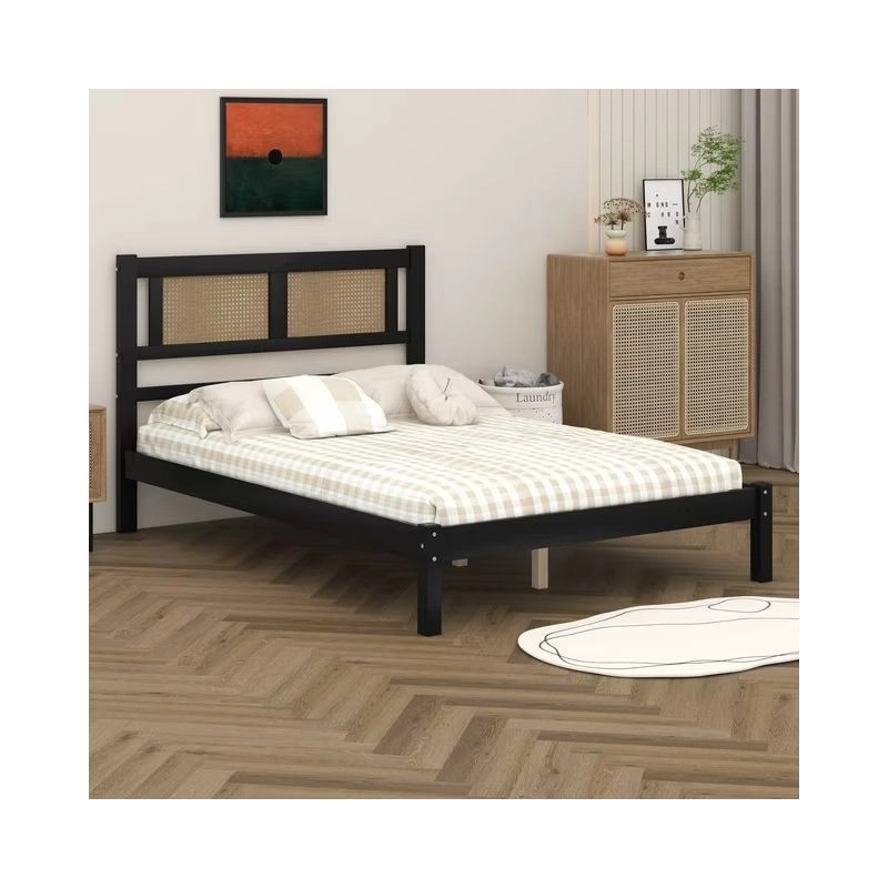 Minimalist Modern Wood Bed Frame with Rattan Headboard
