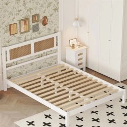 Elegant White Wood Bed Frame with Natural Rattan Headboard