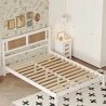 Elegant White Wood Bed Frame with Natural Rattan Headboard