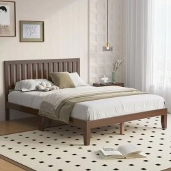 Solid Wood Platform Bed Frame with Slatted Headboard, Modern Bedroom Furniture