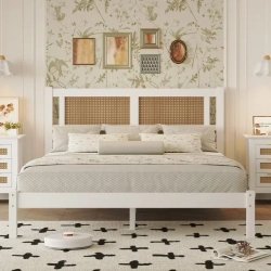Modern White Wood and Rattan Headboard Bed Frame